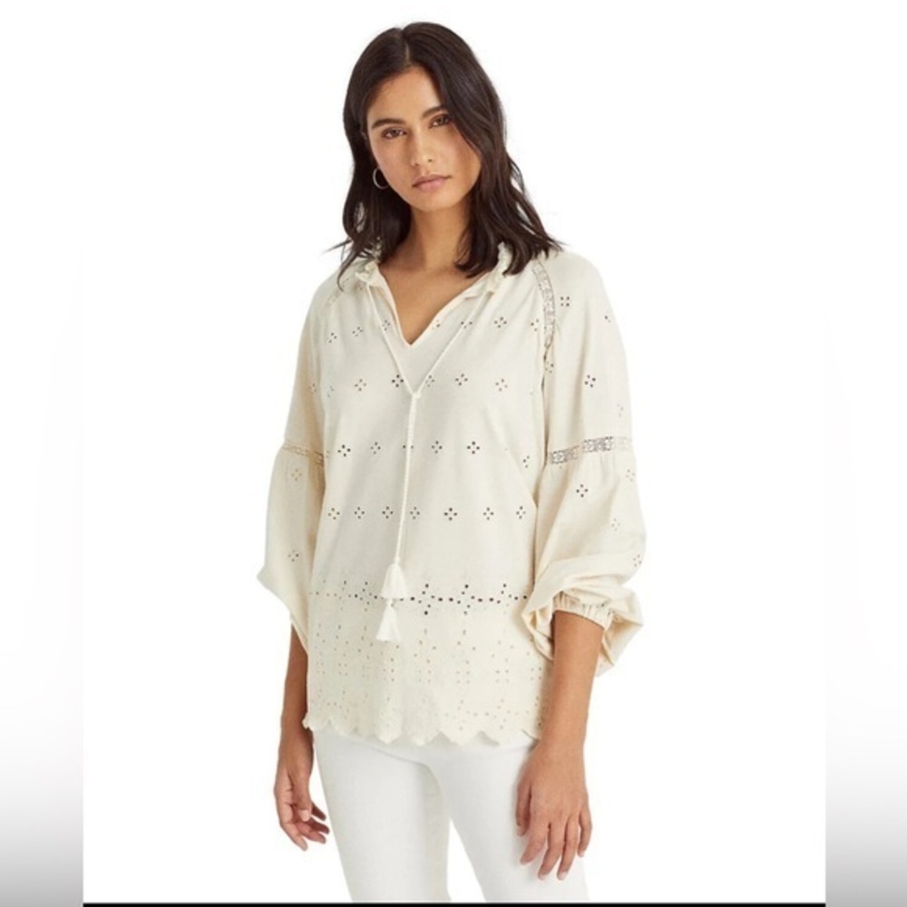 Lauren Ralph Lauren Eyelet jersey Tunic Tassel Black Label Peasant Cottage